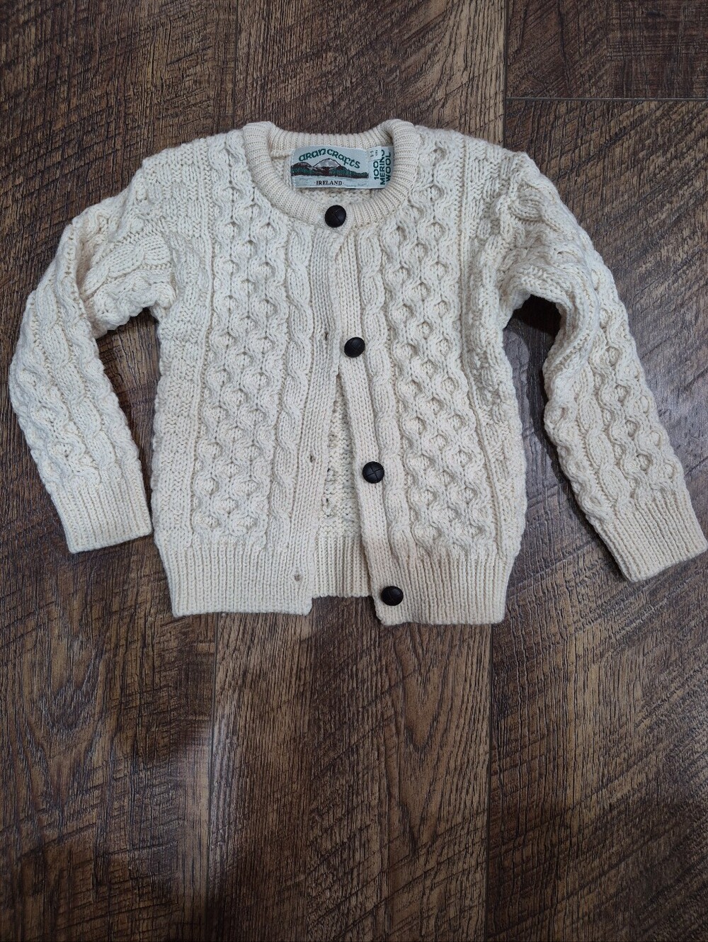 Vintage Toddler Child Aran Craft 100% Merino Wool Cream Button Up Sweater 2-3 Yr